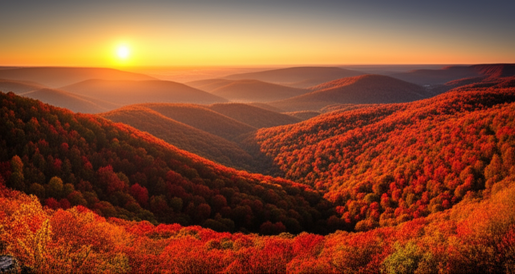Ozark Mountains panoramic view with rolling hills and golden sunset
